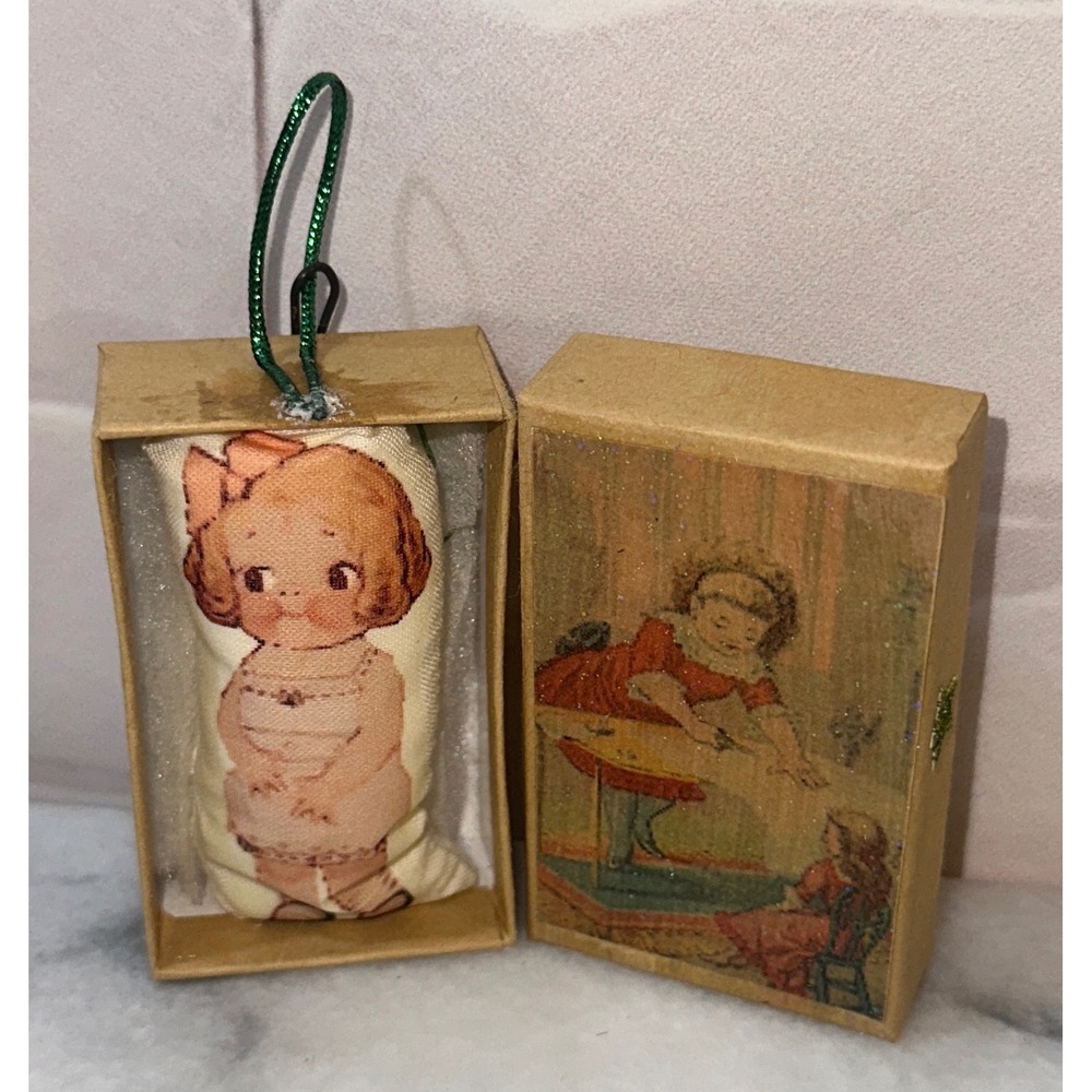 Vintage Style Fabric Doll Matchbox Ornament Victorian Girl Primitive Decor